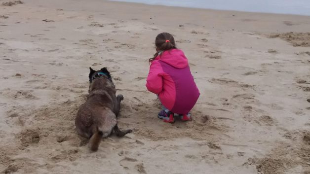 Niñas con su compañero en la playa.